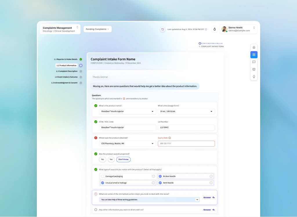 Complaint intake form from the complaints management platform